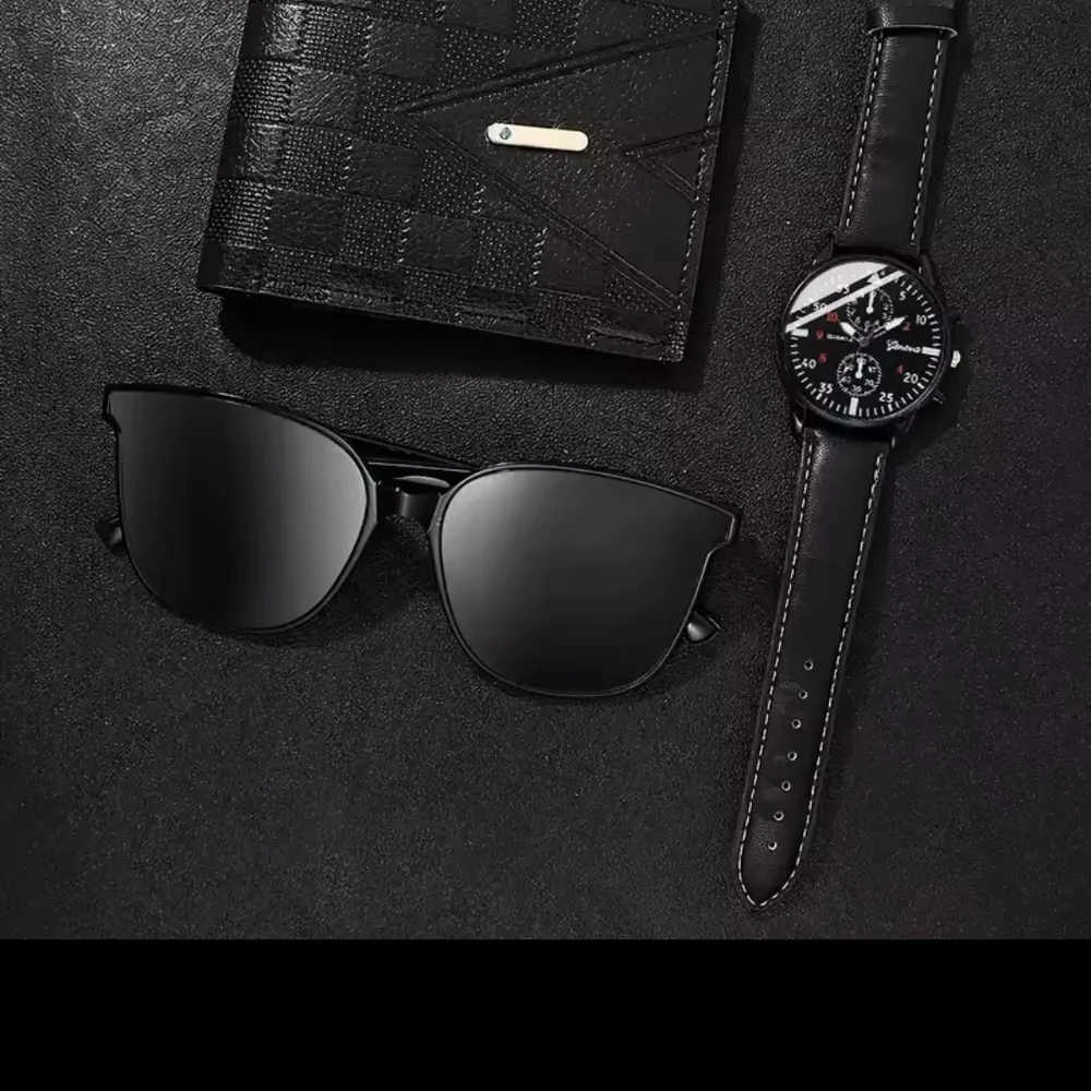 Man's Elegant Black Watch, Sunglasses, and Wallet Set